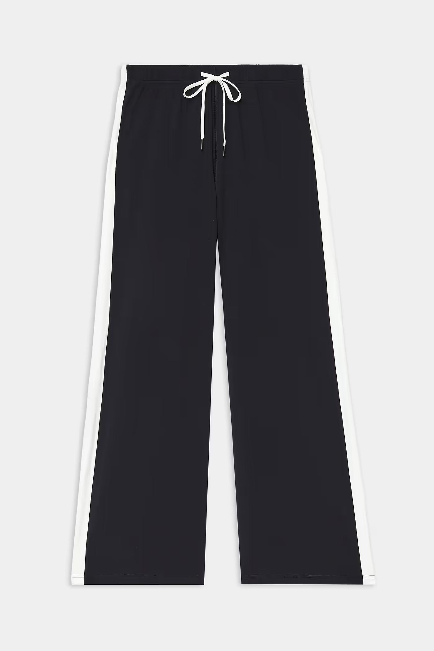 Black pants with white drawstring on a light gray background