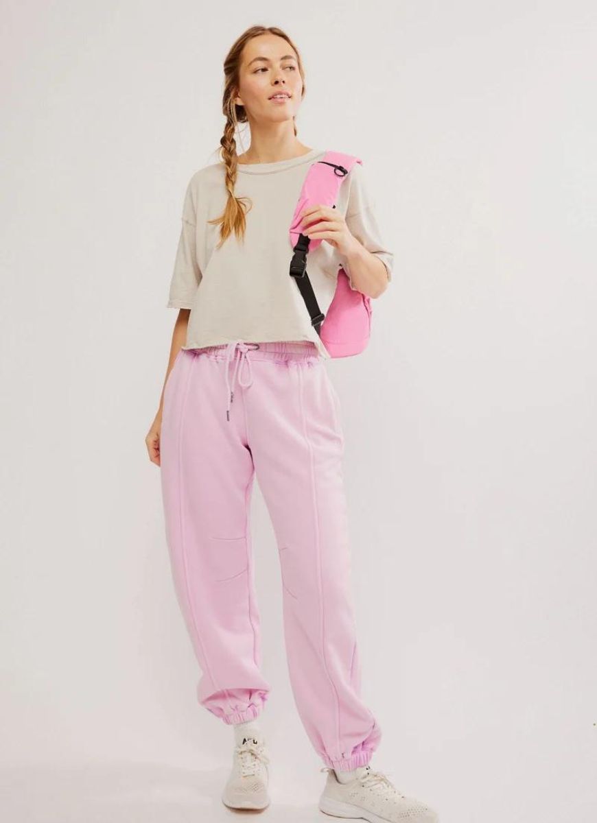 Free People Sprint To The Finish Sweatpants in Powder Pink Full Length Front View