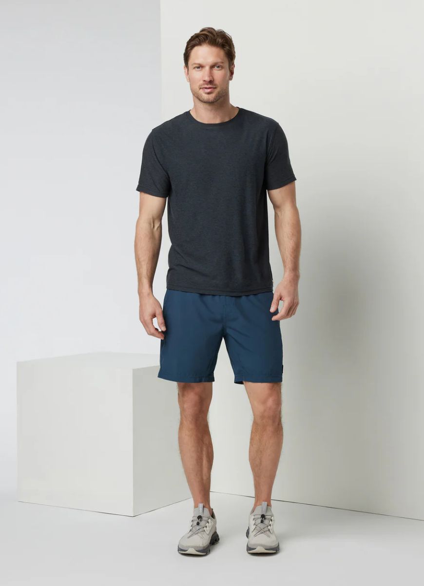 Vuori Men's Strato Tech Tee in Charcoal Heather Full Length Front View