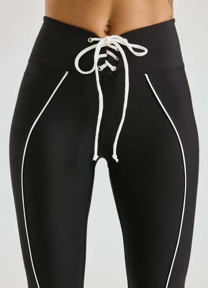 YEAR OF OURS The Field Legging in Black Close Up Front View of Draw Cord