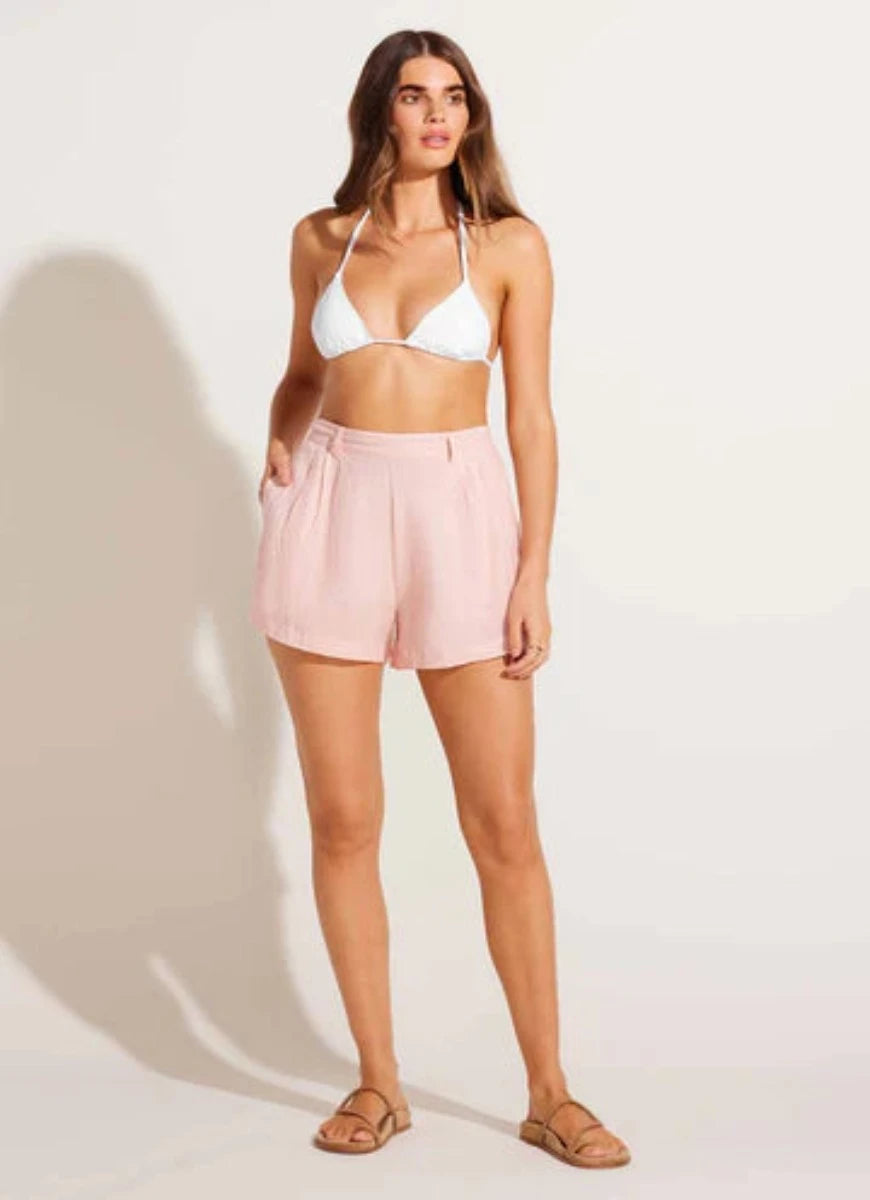 Vitamin A The Getaway Linen Shorts in Sunkissed Full Length Front View