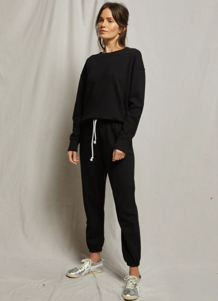 perfectwhitetee Tyler Pullover Sweatshirt in Black Full Length Front View