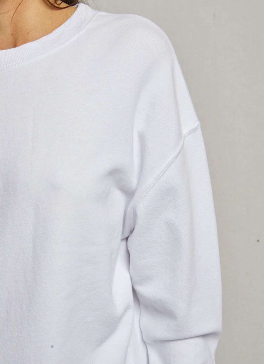 perfectwhitetee Tyler Pullover Sweatshirt in White Close Up Front View