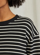 perfectwhitetee Tyler French Terry Sweatshirt in Black/Natural Stripe Close Up Front View of Neckline