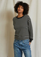 perfectwhitetee Tyler French Terry Sweatshirt in Black/Natural Stripe Front View