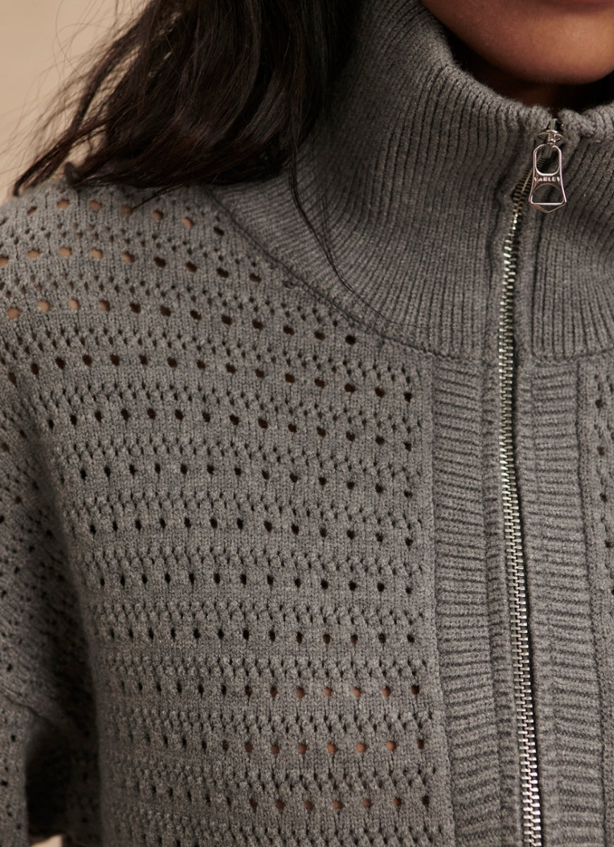 Varley Darla Half-Zip Knit in Silver Filigree Melange Close Up Front View