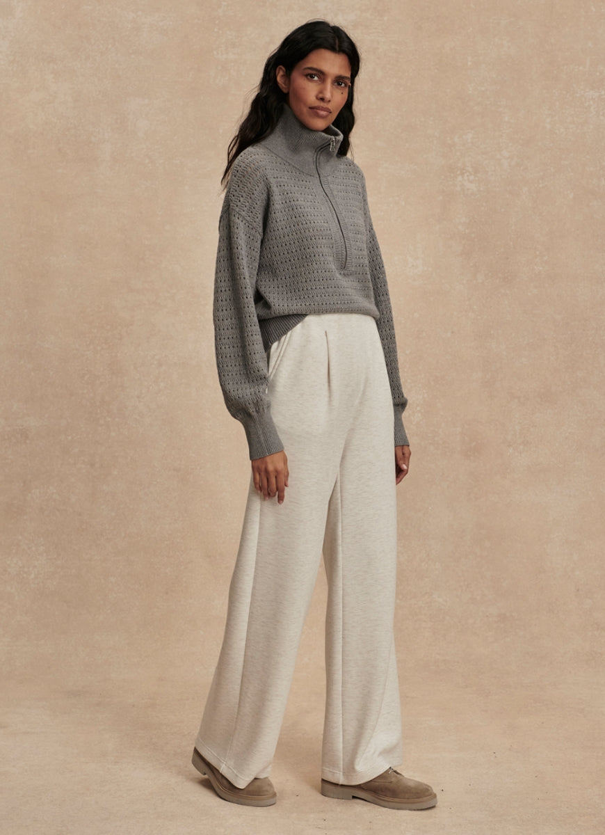 Varley Darla Half-Zip Knit in Silver Filigree Melange Full Length Angled Side View