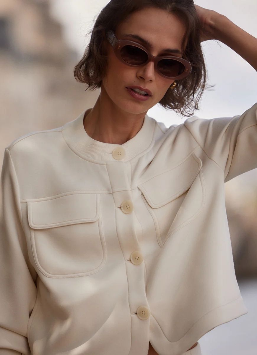 Varley Hartwell Button Through Sweat Jacket in Pristine Close Up Front View