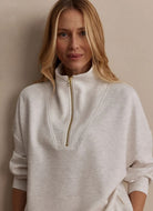 Varley Hawley Half Zip Sweat in Ivory Marl Close Up Front View