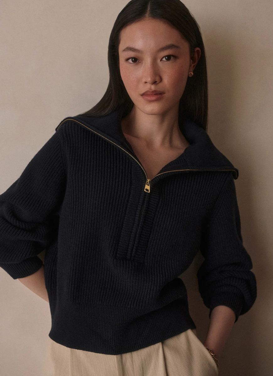 Varley Maura Half-Zip Rib Knit in Navy