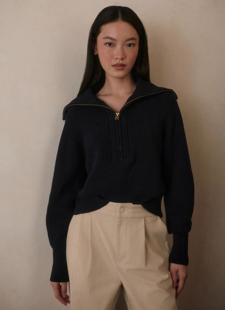 Varley Maura Half-Zip Rib Knit in Navy Front View