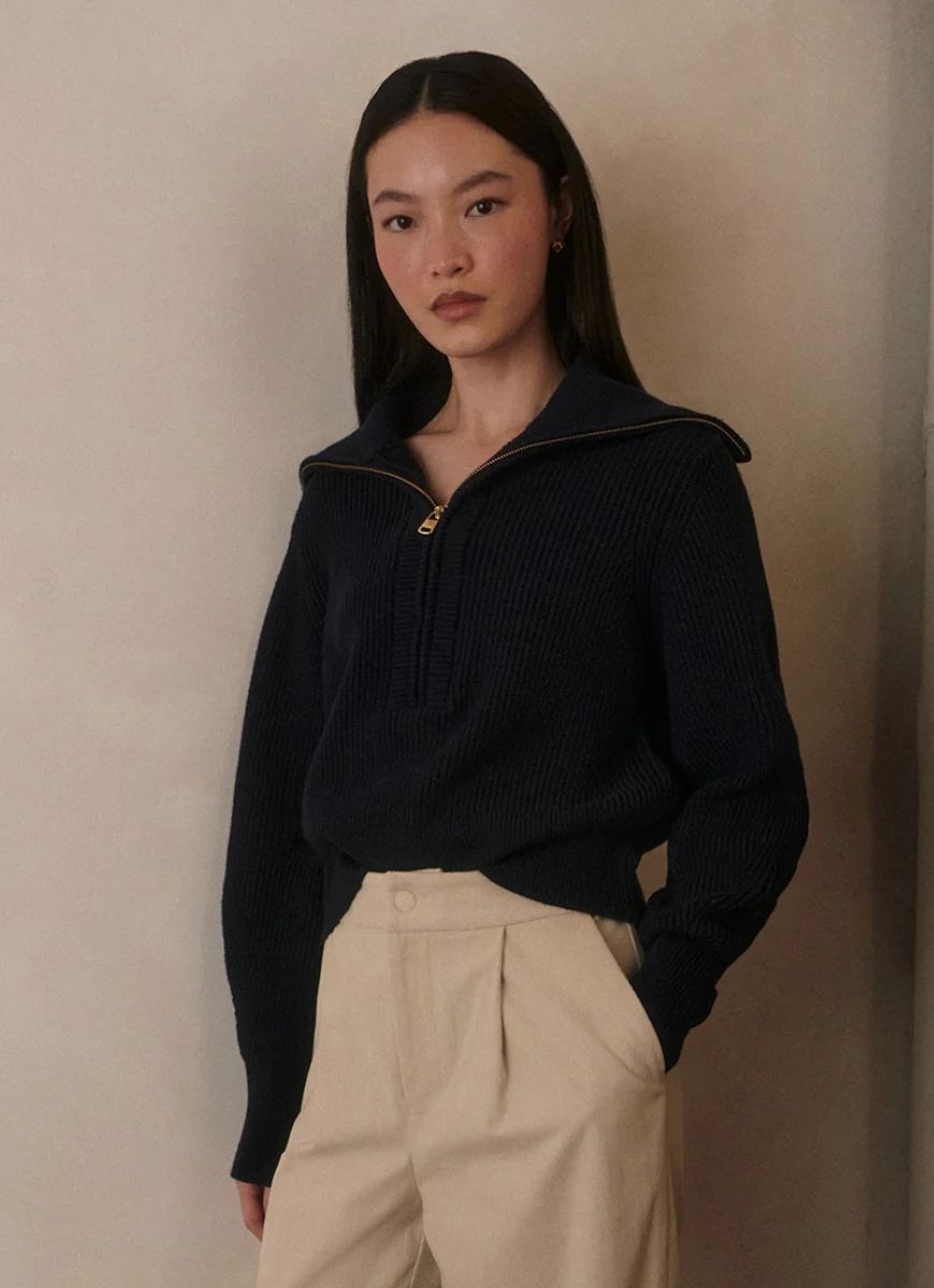 Varley Maura Half-Zip Rib Knit in Navy Angled Front and Side View