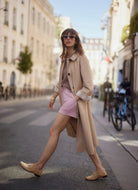 Varley Robyn Oversized Car Coat in Nomad Model Shown Walking in Urban Setting