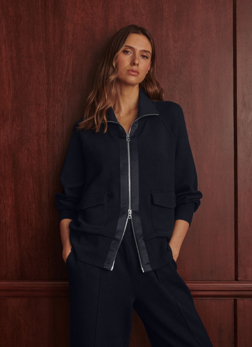 Varley Roxbury Zip-Through Sweatshirt Blue Nights Front View Model Posing