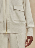 Varley Roxbury Zip-Through Sweatshirt in Ivory Marl Close Up View of Zipper and Pocket