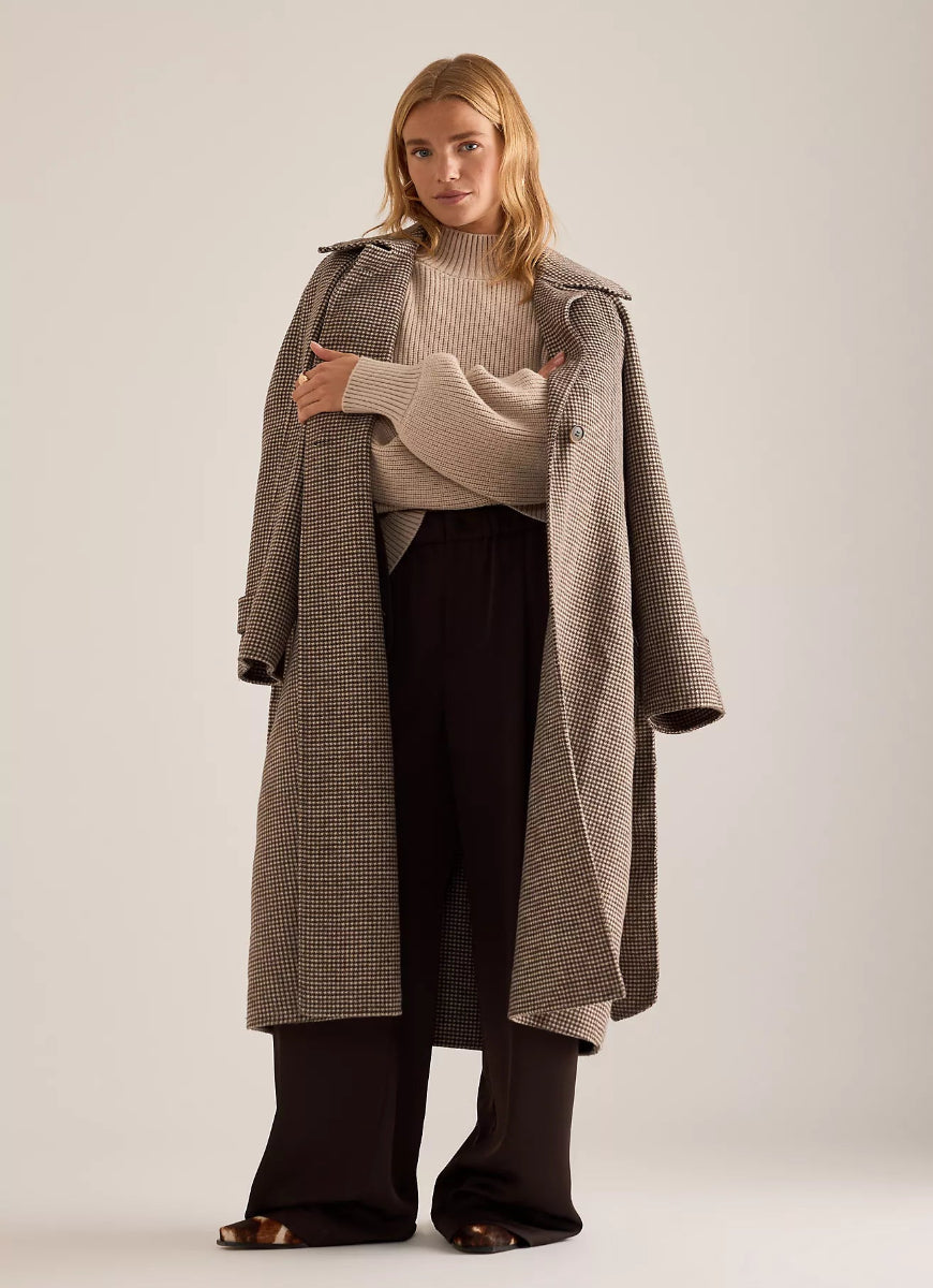 Varley Tomlinson Belted Long Coat in Deep Taupe/Sandshell Puppytooth Full Length Front View Shown Opened