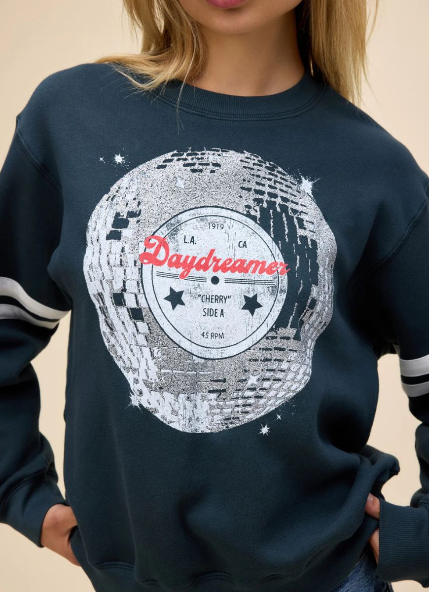 Daydreamer Disco Ball Varsity Sweatshirt in Vintage Black Close Up Front View