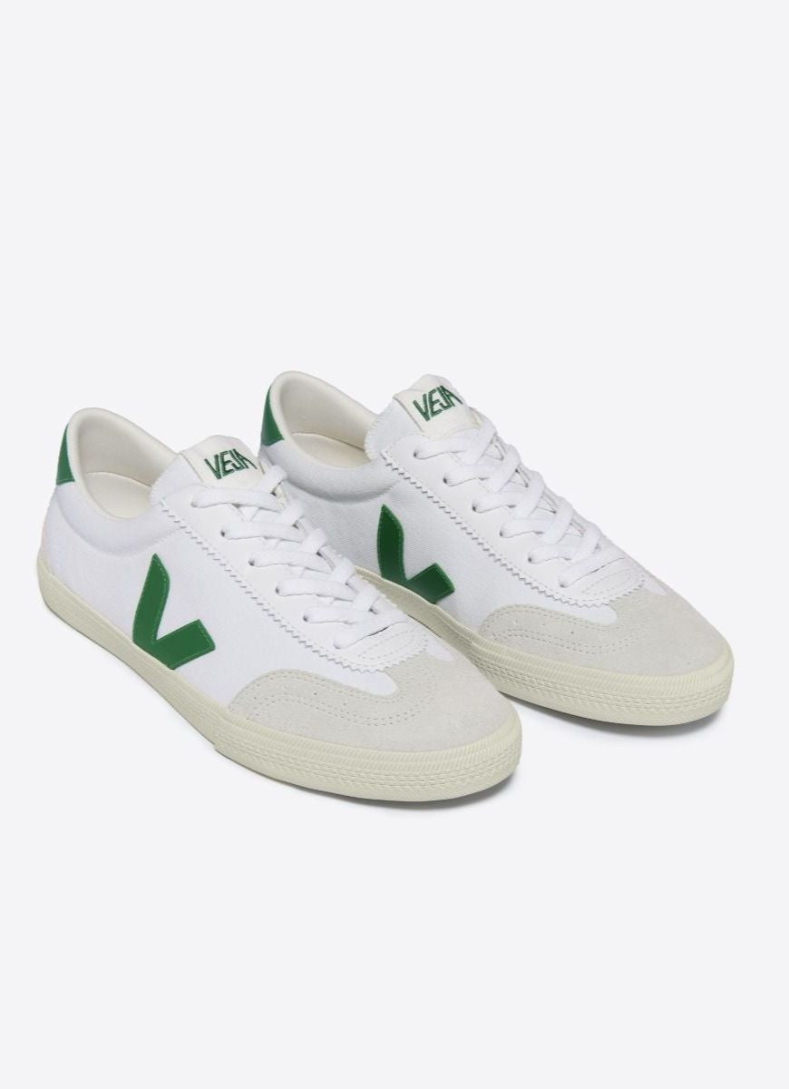 Veja Women's Volley Canvas Sneaker in White/Emeraude Top and Front View