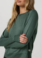 Vuori Daydream Long-Sleeve Crew in Agate Green Heather Close Up Angled Side View