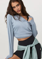 Vuori Long Sleeve Halo Crew in Heather Seaglass Front View With Model in a Pose