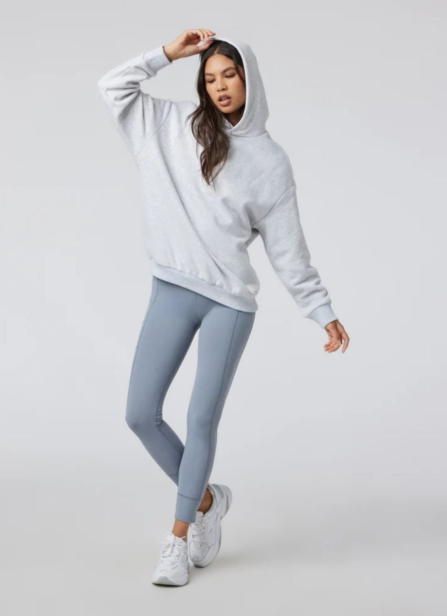 Vuori Restore Oversized Hoodie in Pale Grey Heather Front View With Hood Up