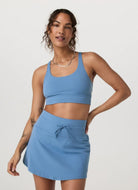Vuori Yosemite Longline Sports Bra in Light French Blue Front View