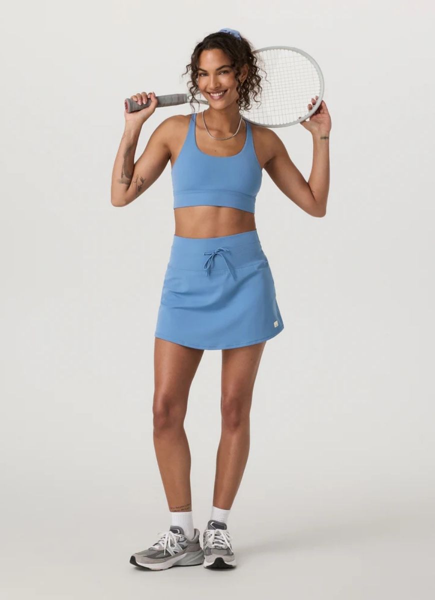 Vuori Yosemite Longline Sports Bra in Light French Blue Alternate Full Length Front View