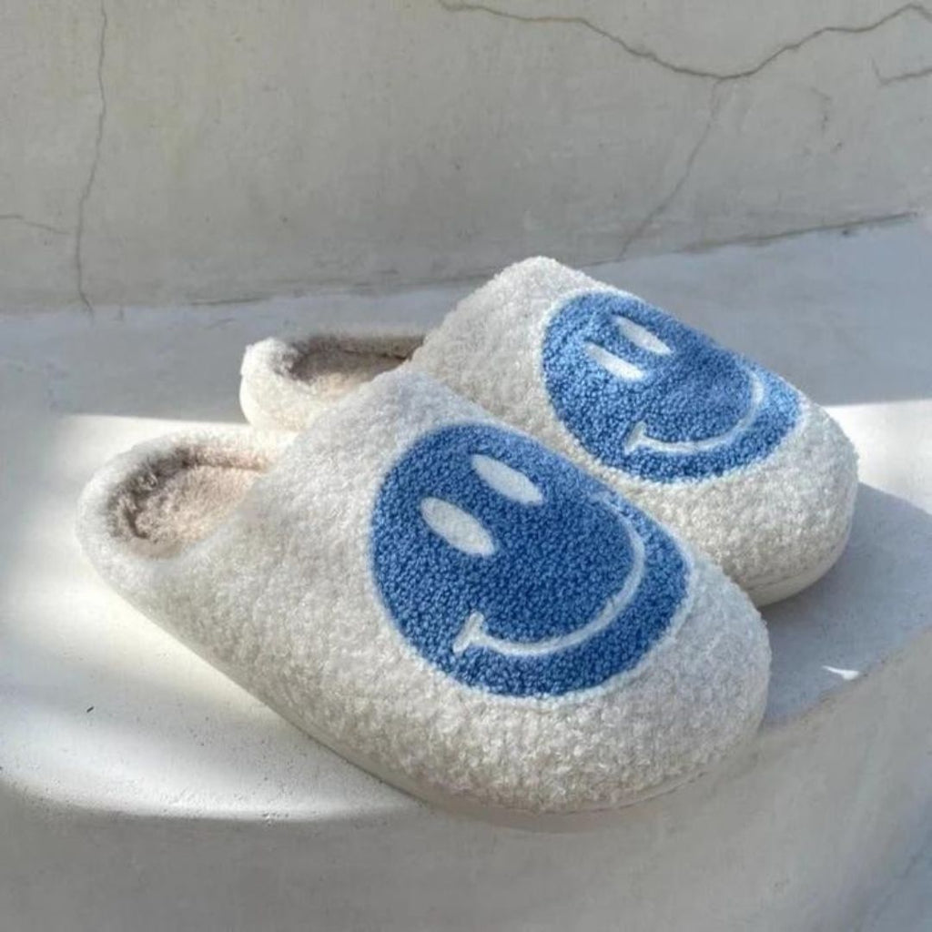 Women's Blue Smiley Face Slippers Side View
