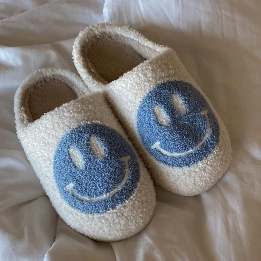 Women's Blue Smiley Face Slippers Top View