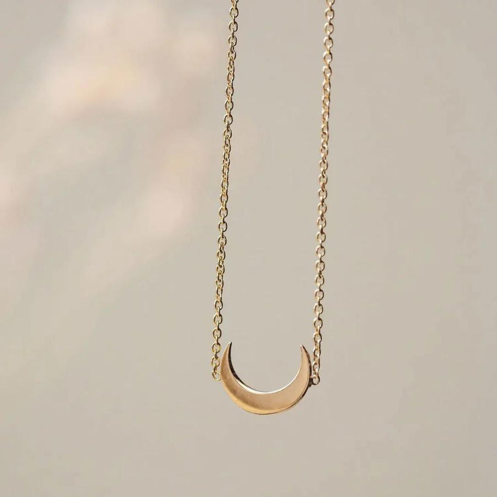 bluboho Everyday Little Crescent Moon Necklace in 14K Gold Shown Hanging