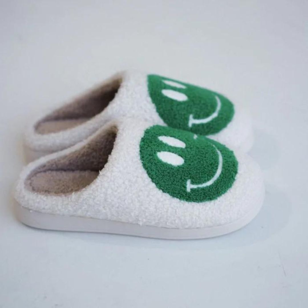 Women's Green Smiley Face Slippers Side View