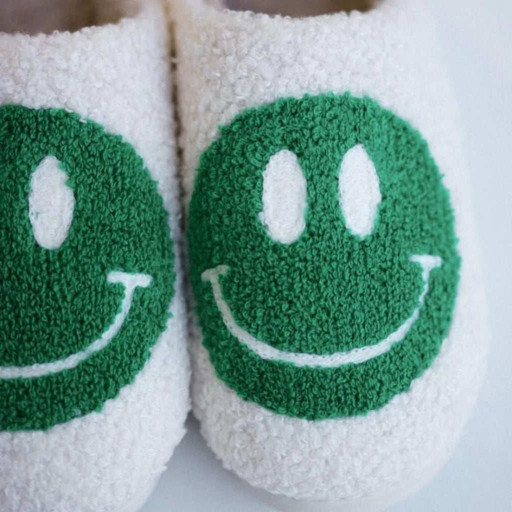 Women's Green Smiley Face Slippers Close Up View