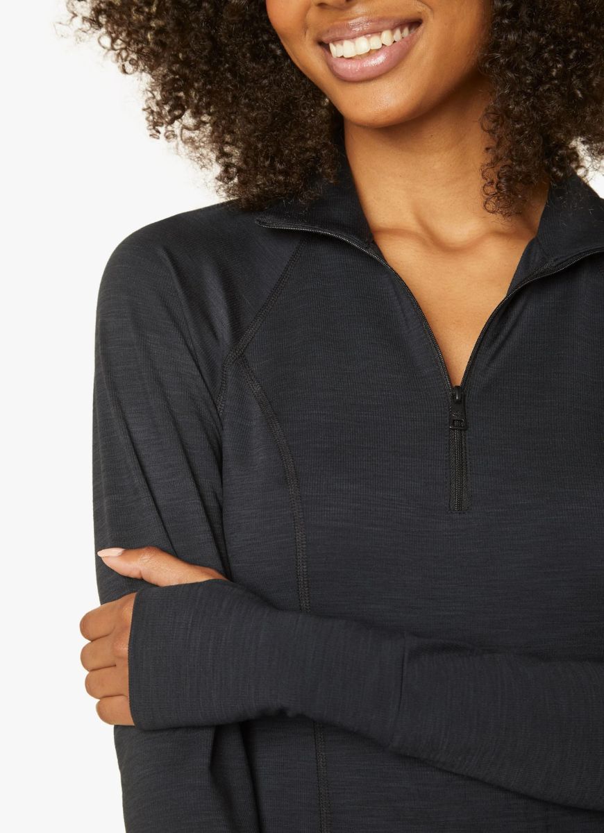 Beyond Yoga Heather Rib Take A Hike Zip Pullover in Black Close Up View of Neckline