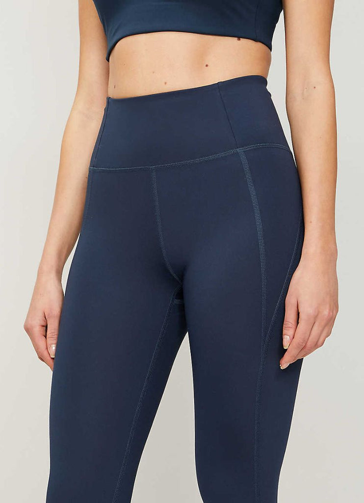 Girlfriend Collective  High Rise Compressive Legging in Midnight Close Up Front View of Waist