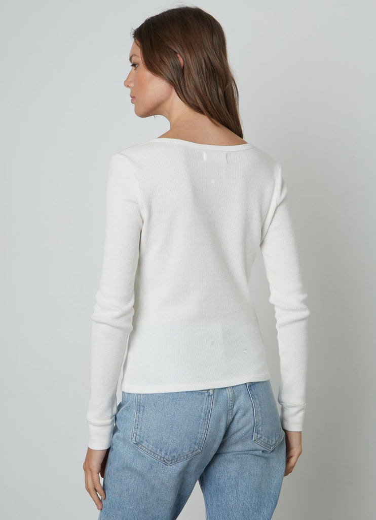 Velvet Hilary Cotton Thermal Long Sleeve Women's Top in White Back View