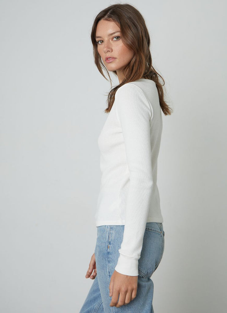 Velvet Hilary Cotton Thermal Long Sleeve Women's Top in White Side View
