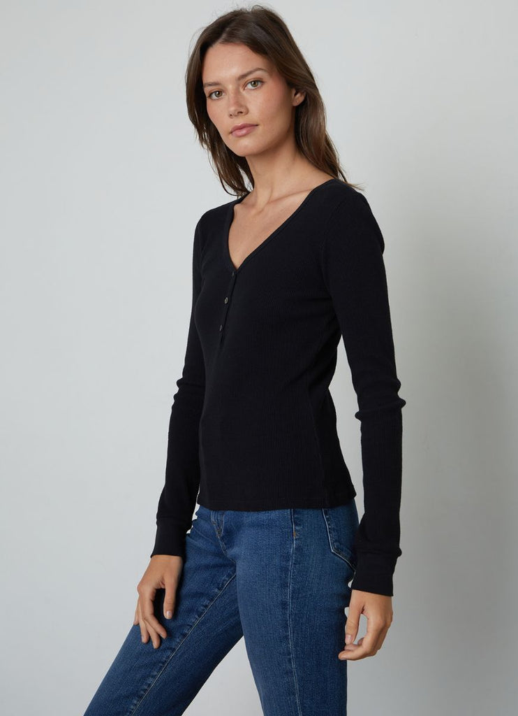 Velvet by Graham & Spencer Cotton Thermal Long Sleeve Women's Top in Black Side View