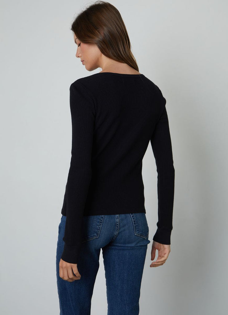 Velvet by Graham & Spencer Cotton Thermal Long Sleeve Women's Top in Black Back View