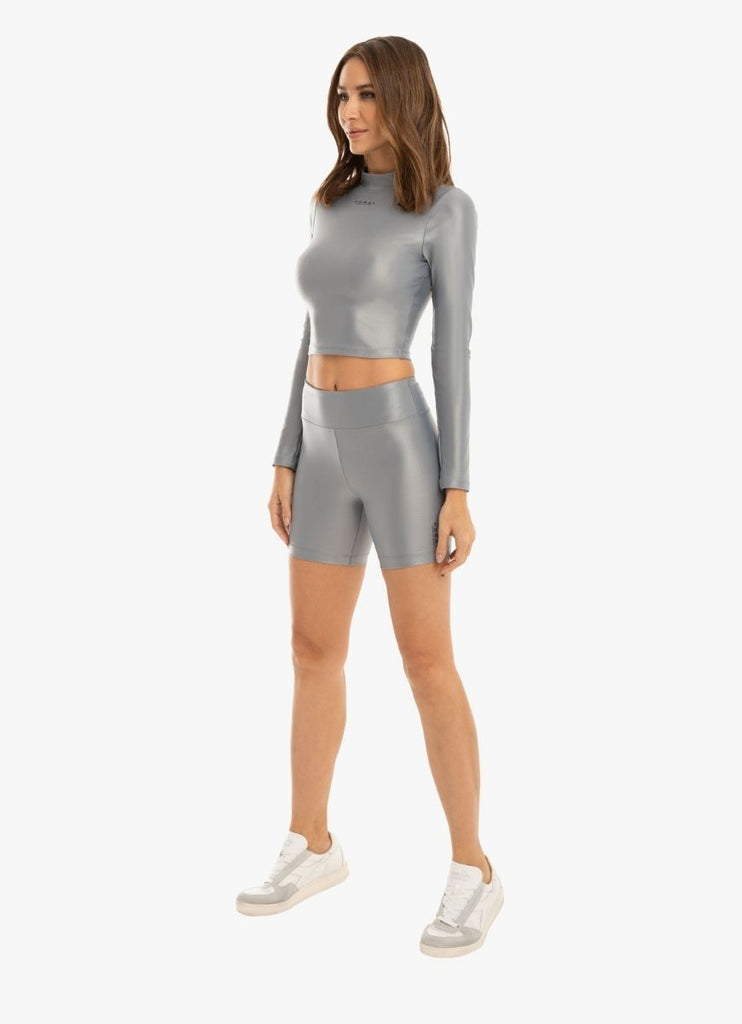 KORAL Slalom High Rise Infinity Women's Shorts in Heather Grey Full Model View With Matching Top