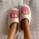 Women's Pink Smiley Face Slipper Modeled on Feet
