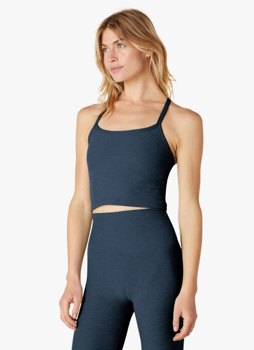 Beyond Yoga Spacedye Slim Racerback Cropped Tank Top in Navy Full Model View