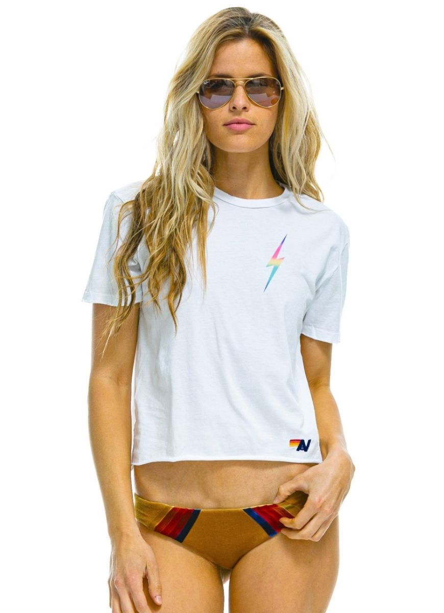 Aviator Nation Women's Bolt Boyfriend Tee in White with Rainbow Pink Bolt