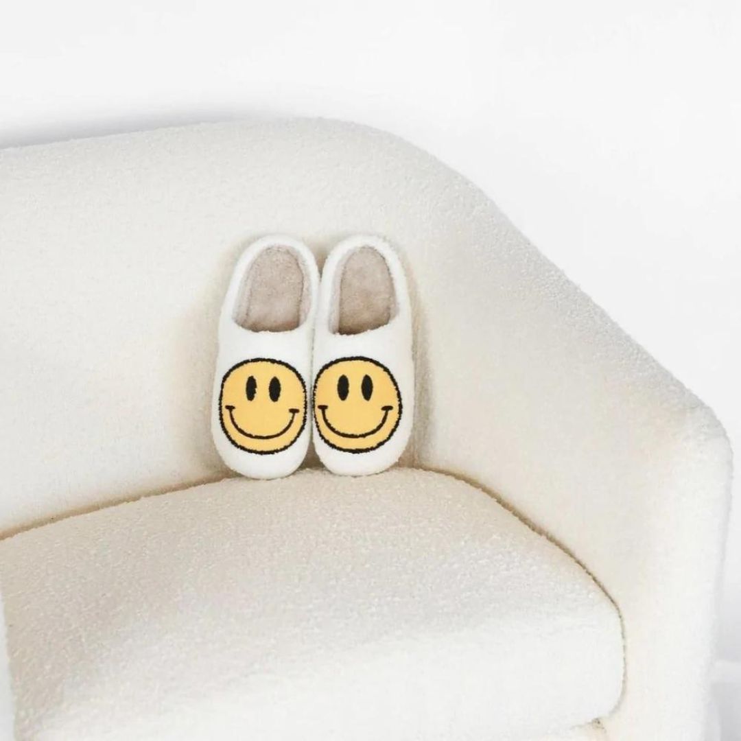 Women's Yellow Smiley Face Slippers Far Away View